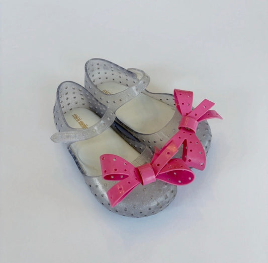#96 | Size 9 | Mini Melissa Girls Clear Silver Glitter Bow Mary Janes