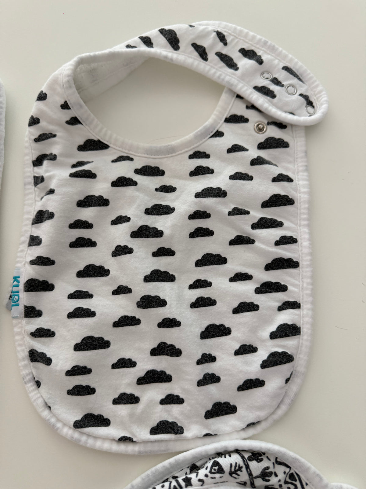 #117, Baby bibs, white & black print, set of 4, VGUC