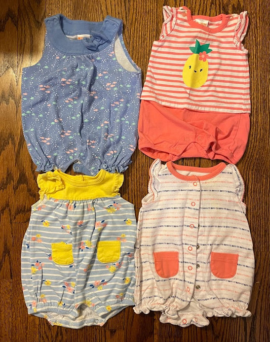 Gymboree Size NB and 0-3 months bubble bundle. Fish, pineapple, floral, and pink/purple stripe