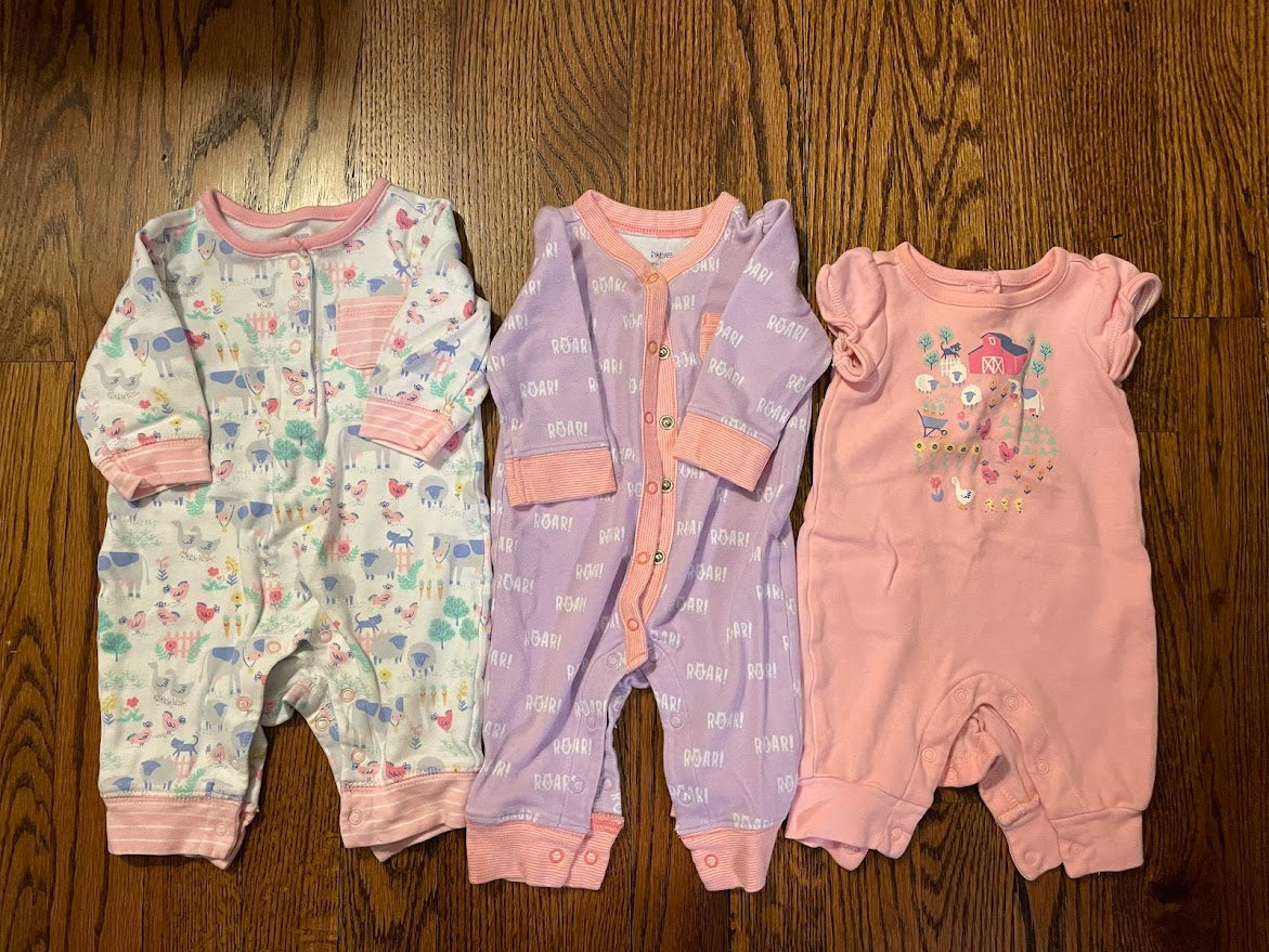 Gymboree baby girl size NB and 0-3 snap romper bundle. Farm animals and purple "ROAR"