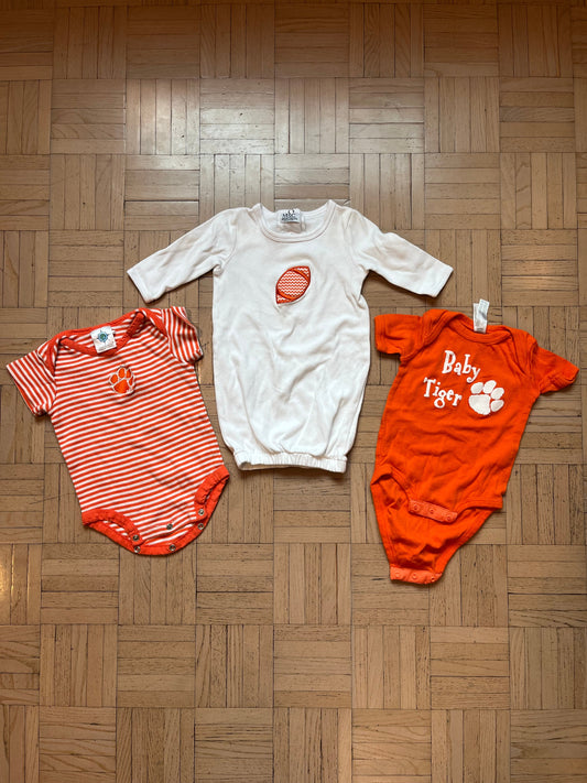 #195 0-3 month Bengals bundle, gown with two bodysuits
