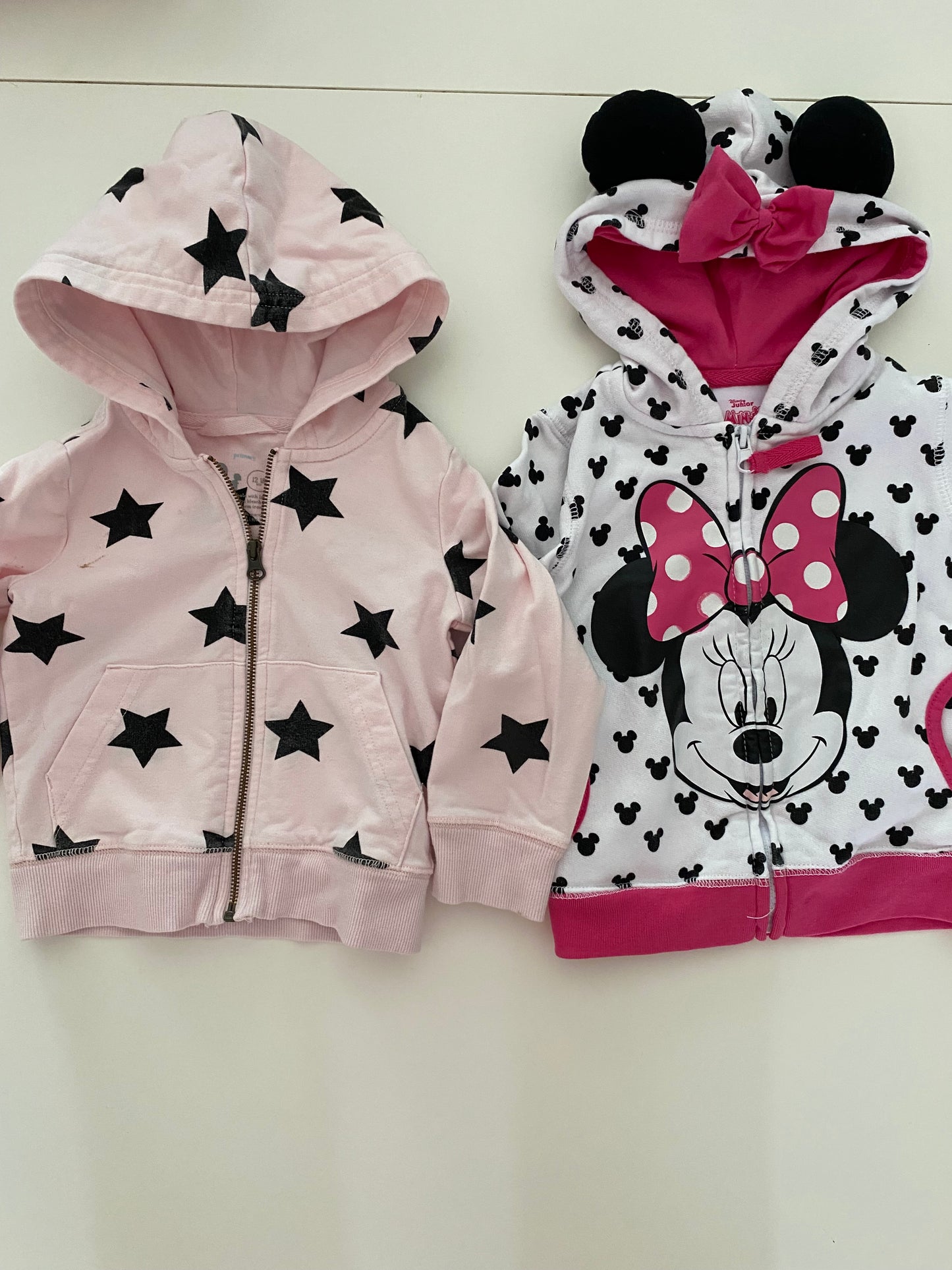 #84B-Primary pink star and Disney Minnie Mouse zip up hoodies, Girls 12-18M, GUC