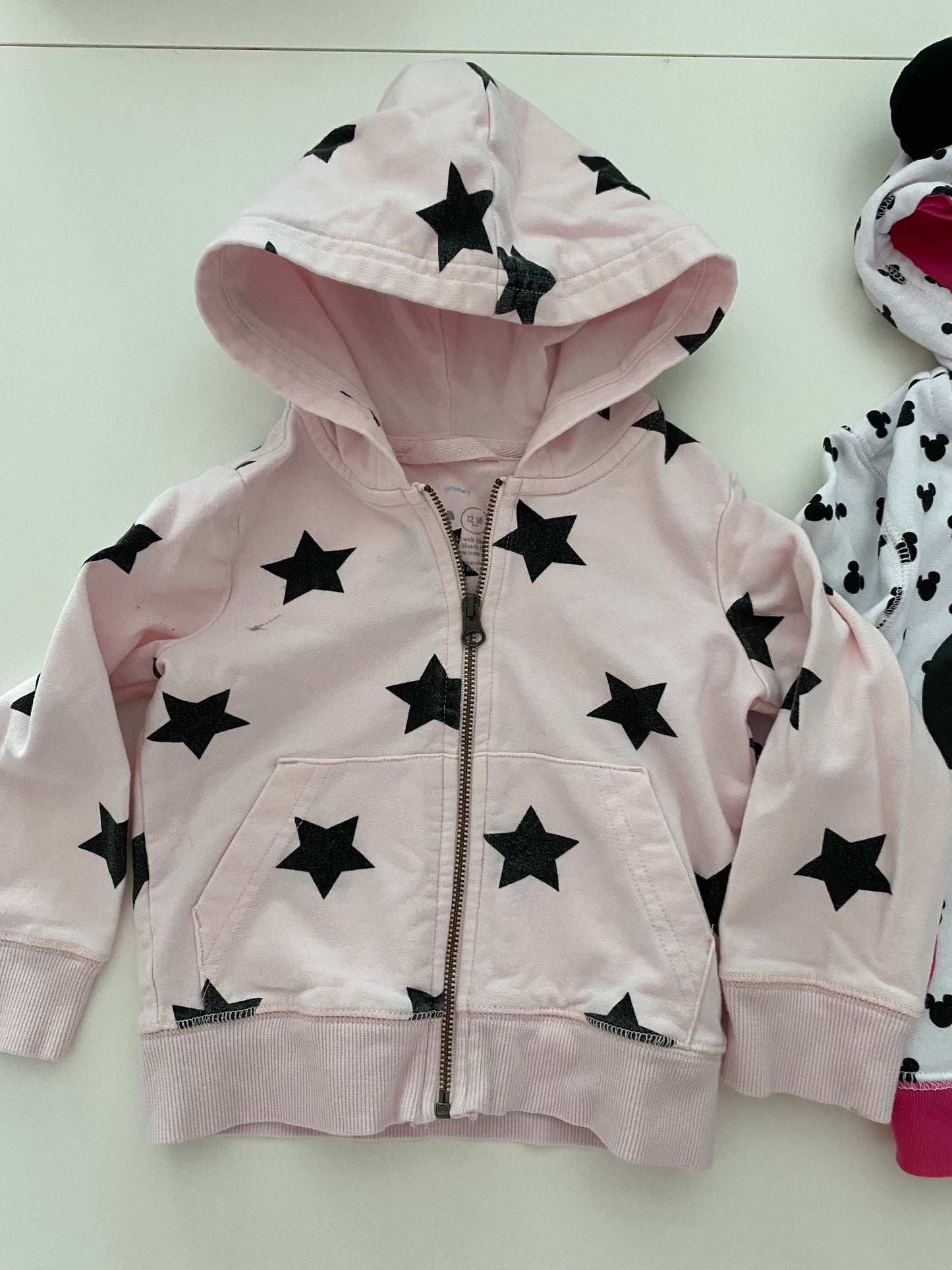 #84B-Primary pink star and Disney Minnie Mouse zip up hoodies, Girls 12-18M, GUC