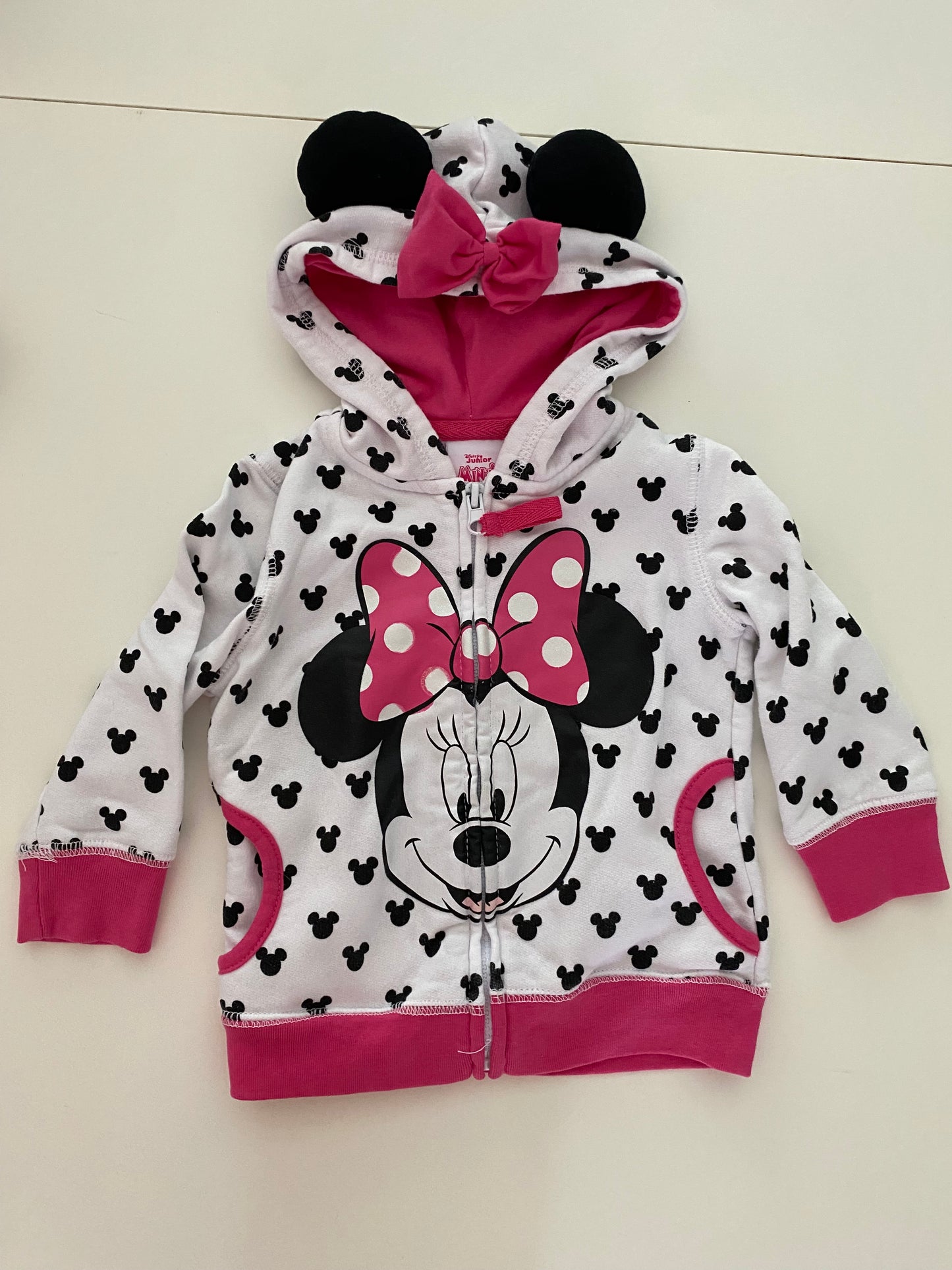 #84B-Primary pink star and Disney Minnie Mouse zip up hoodies, Girls 12-18M, GUC