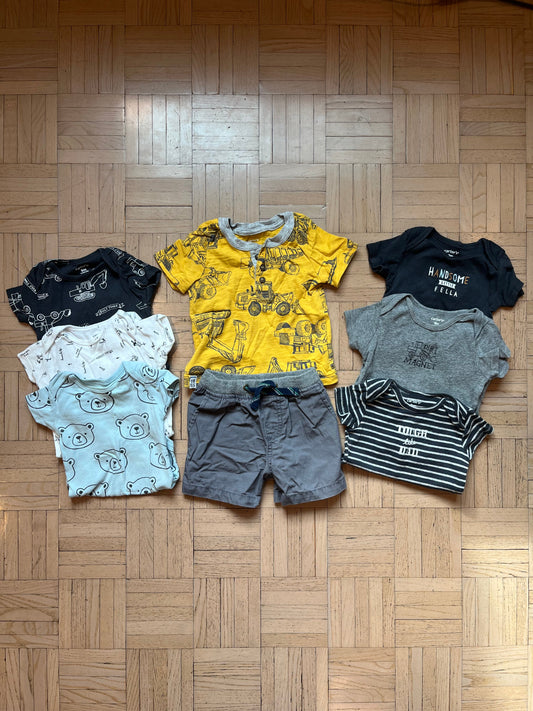 #195 Boys 9 Month Onesie Bodysuit Bundle, 7 tops plus shorts