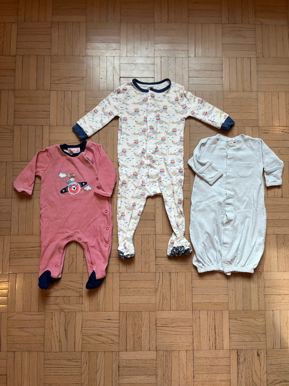 #195 Boys Newborn Kissy Kissy Gown, Mayoral Newborn Sleeper, plus Magnetic Me 9 month sleeper