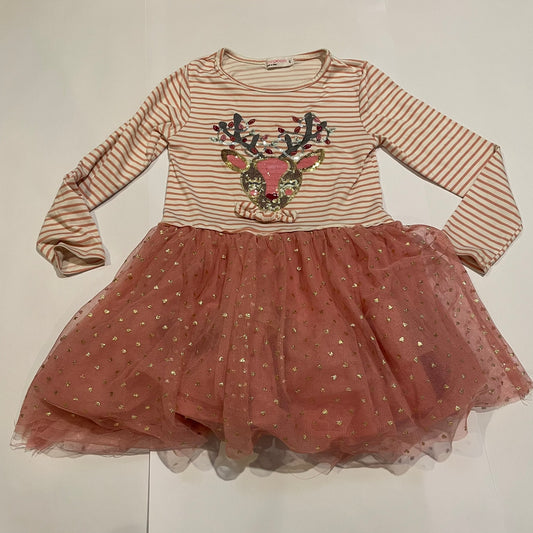 #126 Girls Young Hearts sz 6 Sequin Reindeer Twirl Dress GUC/Play