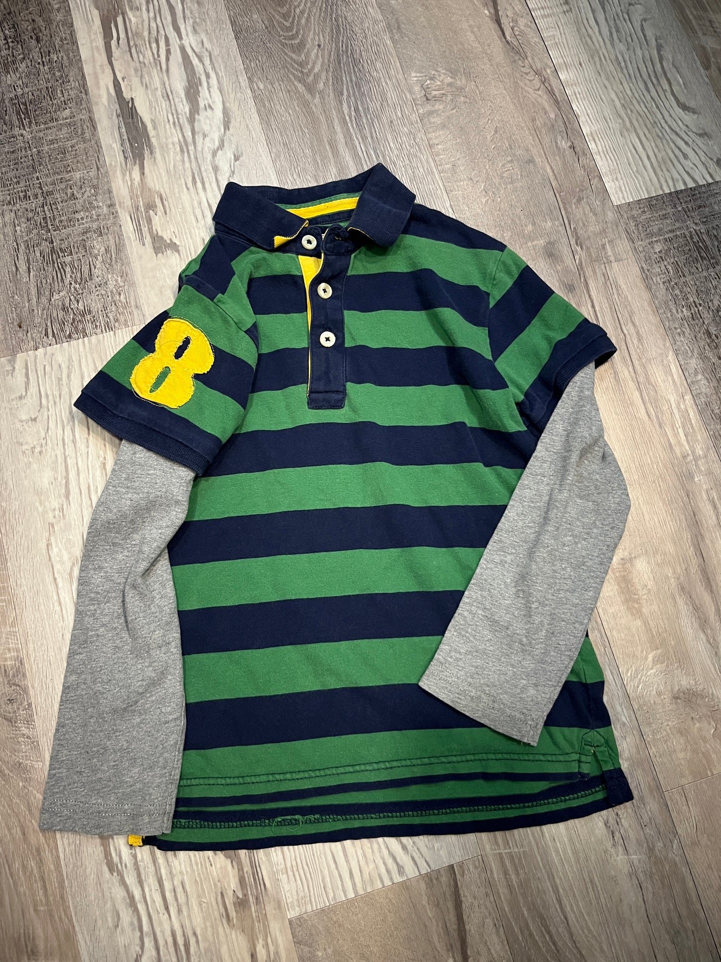 Seller # 29 Boys Mini Boden Rugby Green/Navy/Yellow Striped Shirt Size 7-8y