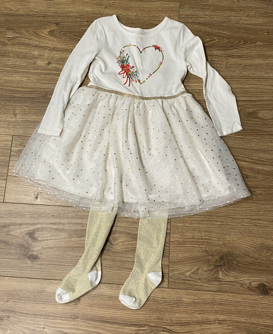 Seller #100 Girls Size 4/5-5T Cat and Jack Winter White Dress with Gold Tights