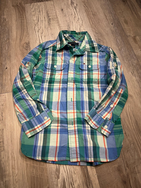 Seller #29 Boys Tommy Hilfiger Blue and Green Plaid Long Sleeve Button Down Shirt Size XS 4/5