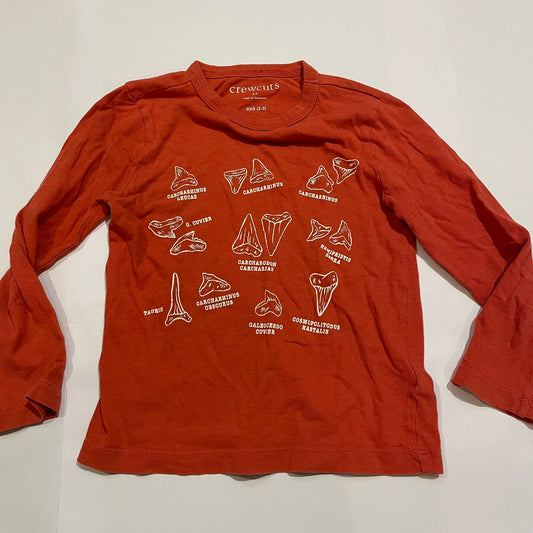 #126 Boys Crewcuts LS Orange Dino teeth Shirt XXS (2-3) GUC