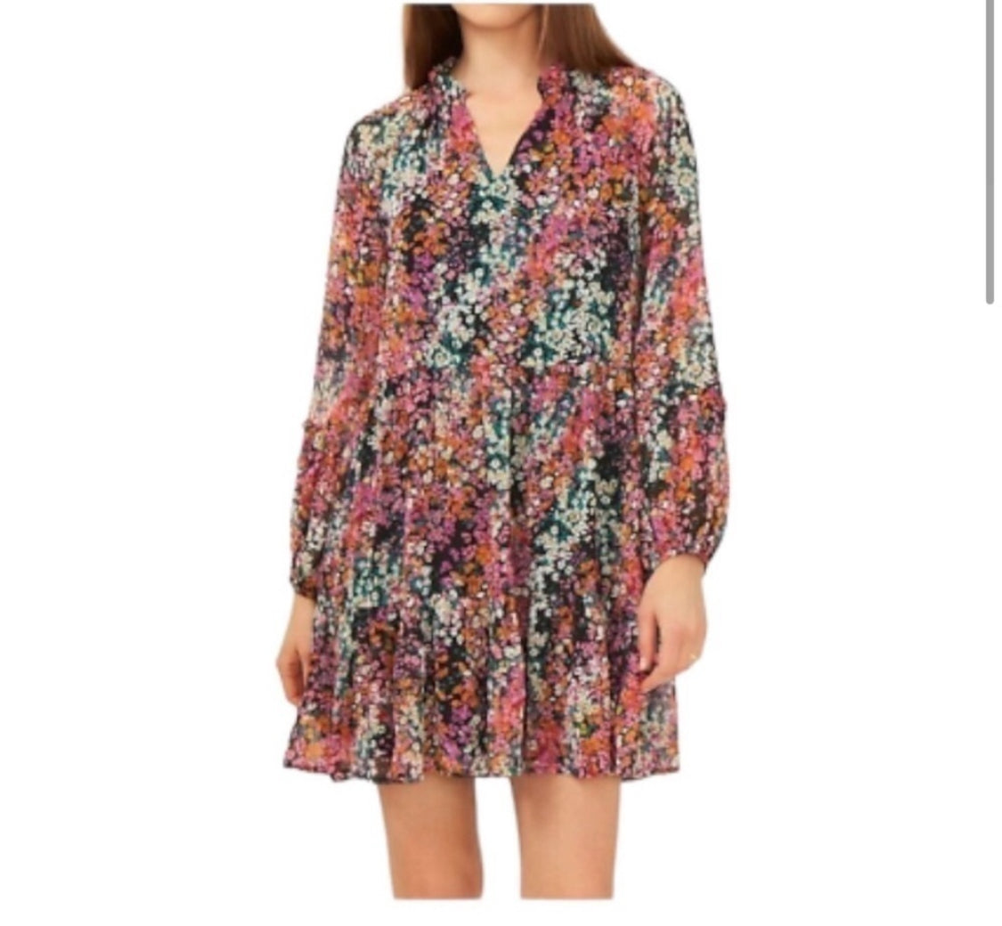 #116 NWT VINCE CAMUTO Three Tier Mini Dress in Black Multi Color medium