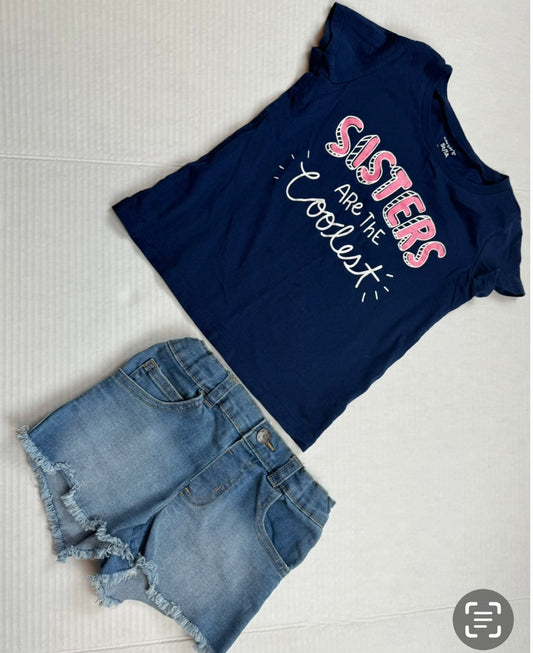 Girls Size 5T Sister Tee T-Shirt Top & Jean Shorts EUC