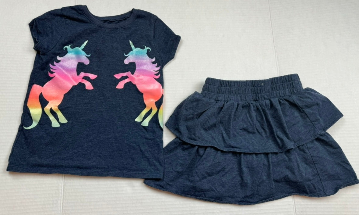 Girls 5T Unicorn Shirt Top T-Shirt Tee and Skort EUC
