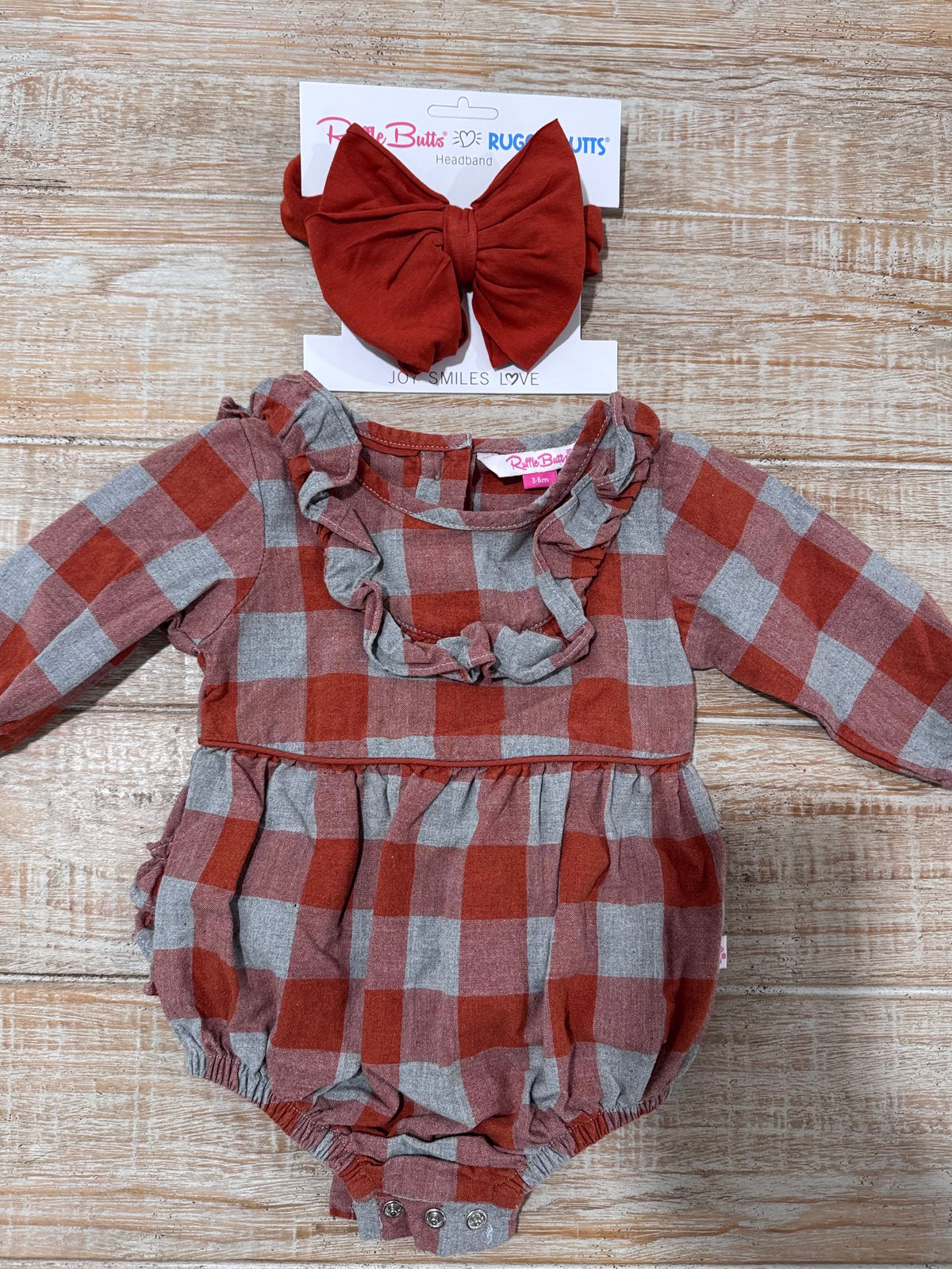 #108 Rufflebutts Gingham Bubble Romper w/ Matching Bow Headband 3-6M