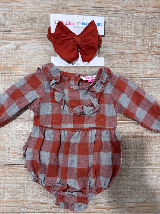 #108 Rufflebutts Gingham Bubble Romper w/ Matching Bow Headband 3-6M