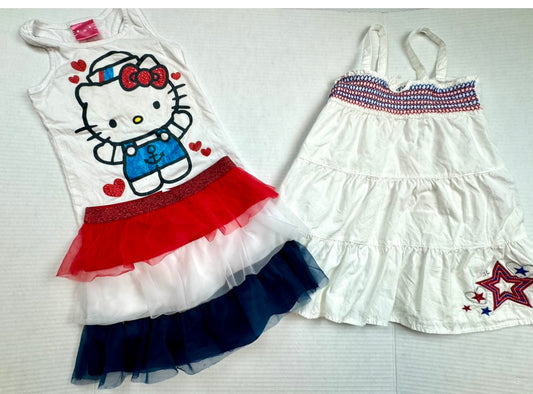 Girls Size 5 / 5T Red White & Blue Skort, Dress & Hello Kitty Tank Top Tee T-Skirt Top EUC