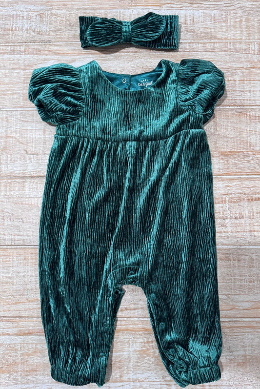#108 Cat & Jack Baby Girl 3-6M Green Velour Jumper Outfit And Hair Bow