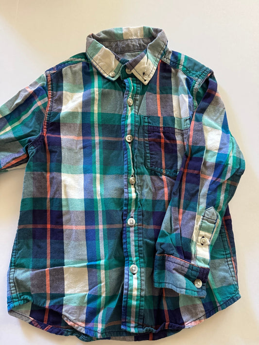 REDUCED #92 Boys 4/5 cat jack teal blues plaid button up long sleeve