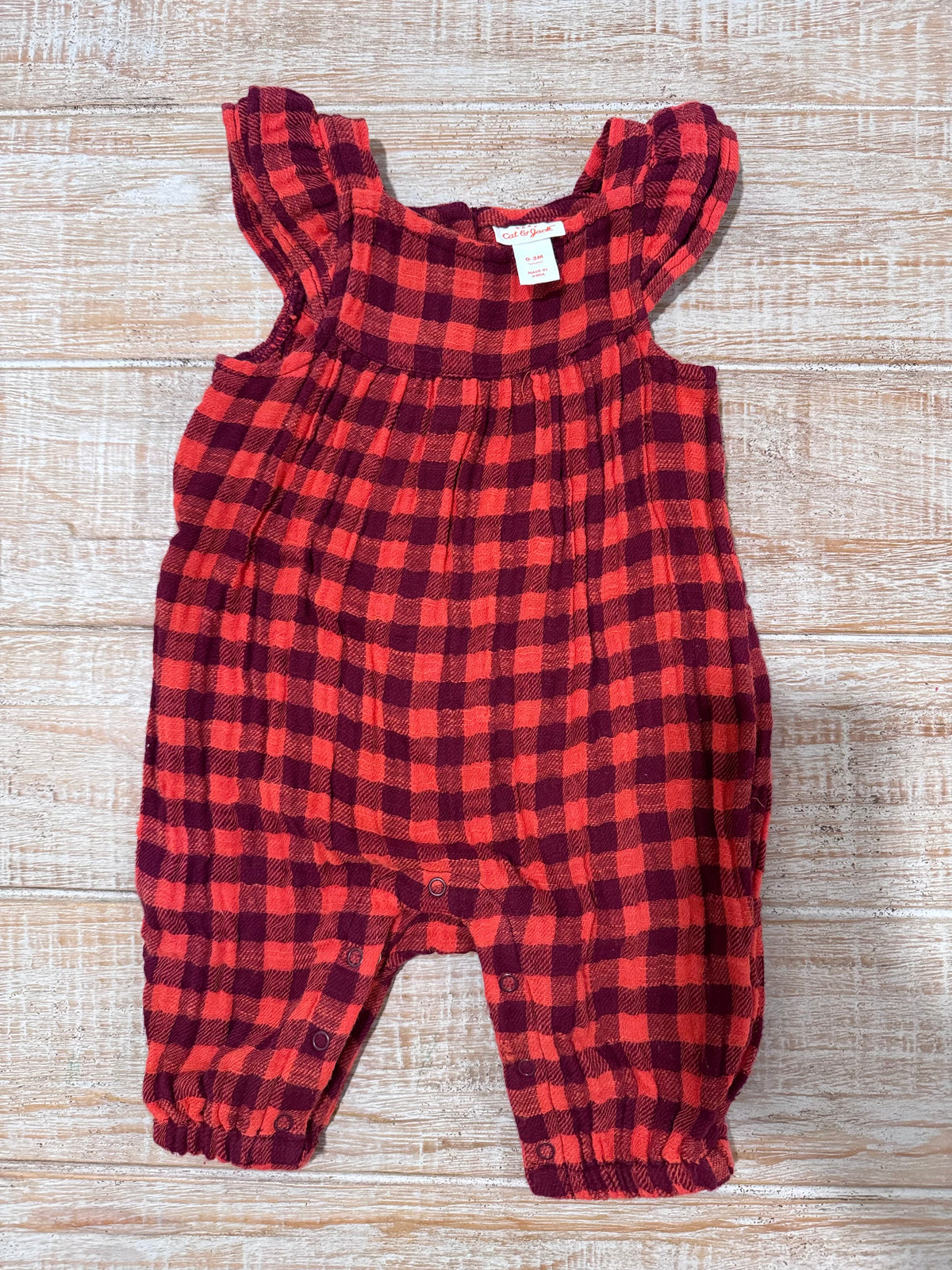#108 Muslin Gingham Flutter Sleeve Romper 0-3M EUC