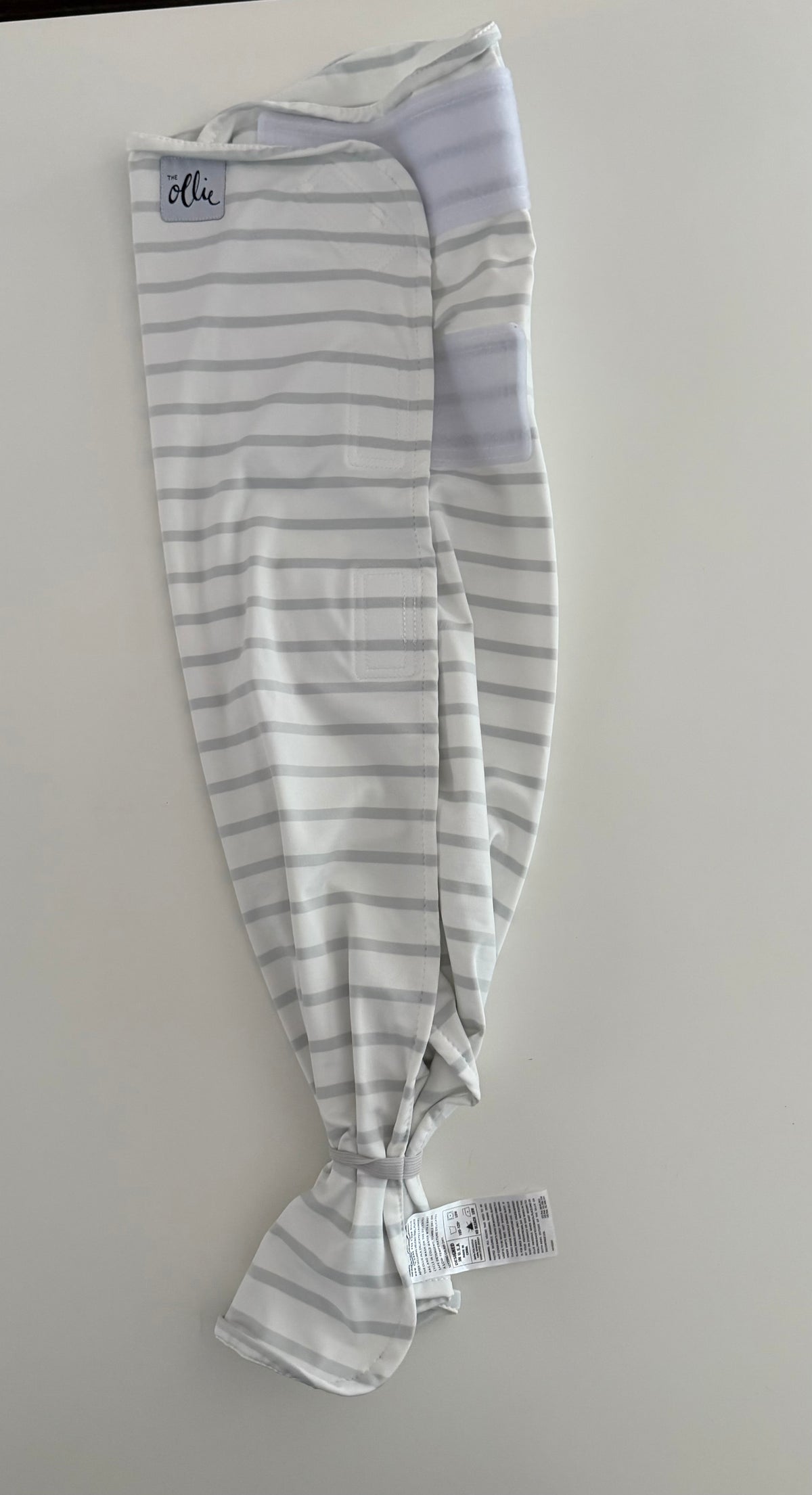 #117, The Ollie Swaddle gray & white striped, EUC