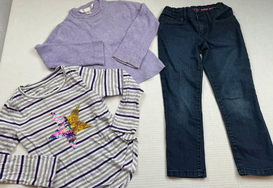 Girls Size 5 (3) Pieces - Adjustable Waist Place Skinny Jeans, Arizona Size 5 Sweater, Flip Sequence Shirt 4/5 runs big EUC