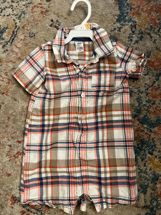Carters Boy Neutral Plaid Collared Romper  (18 months)