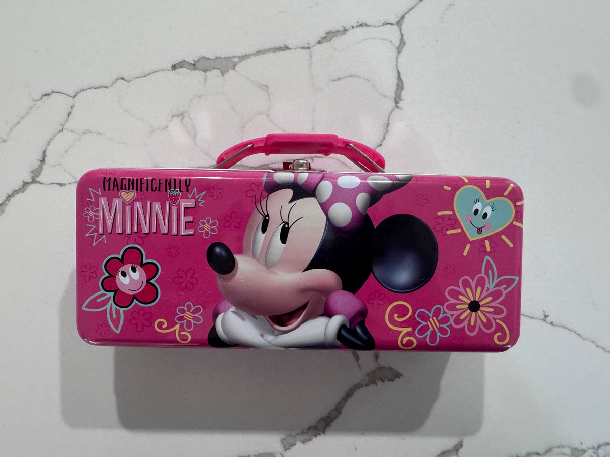 #108 Minnie Pencil Box with Handle Tin Carry All