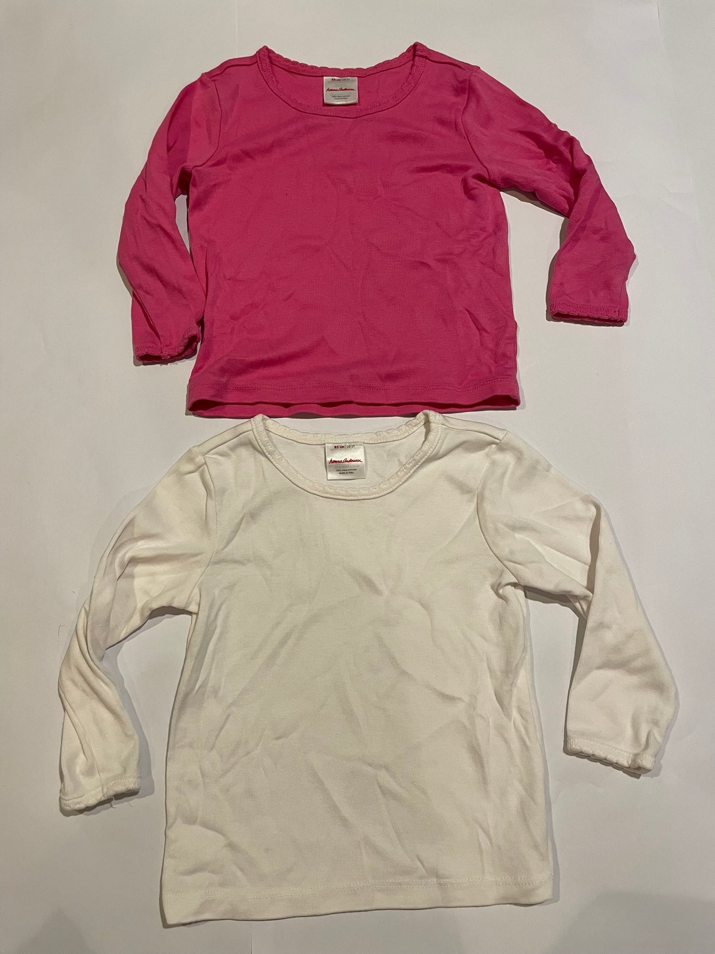 #126 Girls Hanna Andersson Set of 2 Pointelle LS Shirts 85 (2T) EUC Pink & White