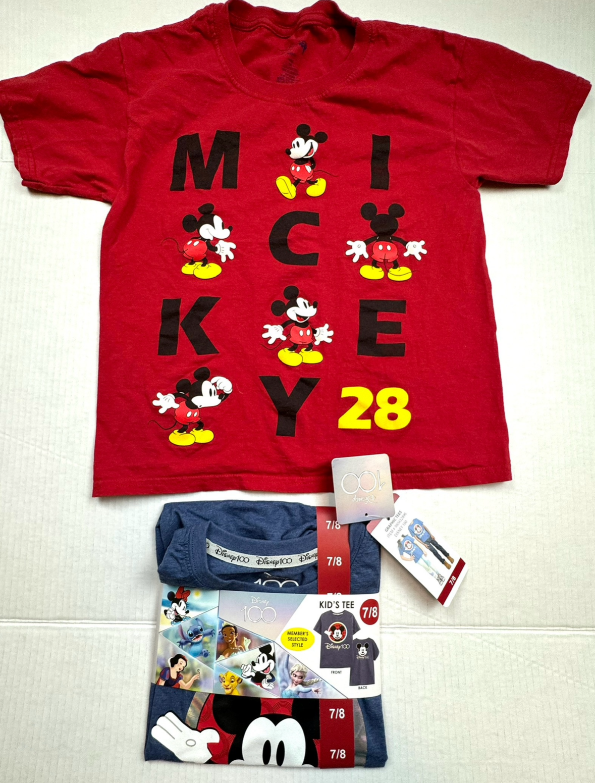 Disney Size 7/8 Mickey (2) Tee T-Shirt Top (1) Red EUC & (1) New NWT
