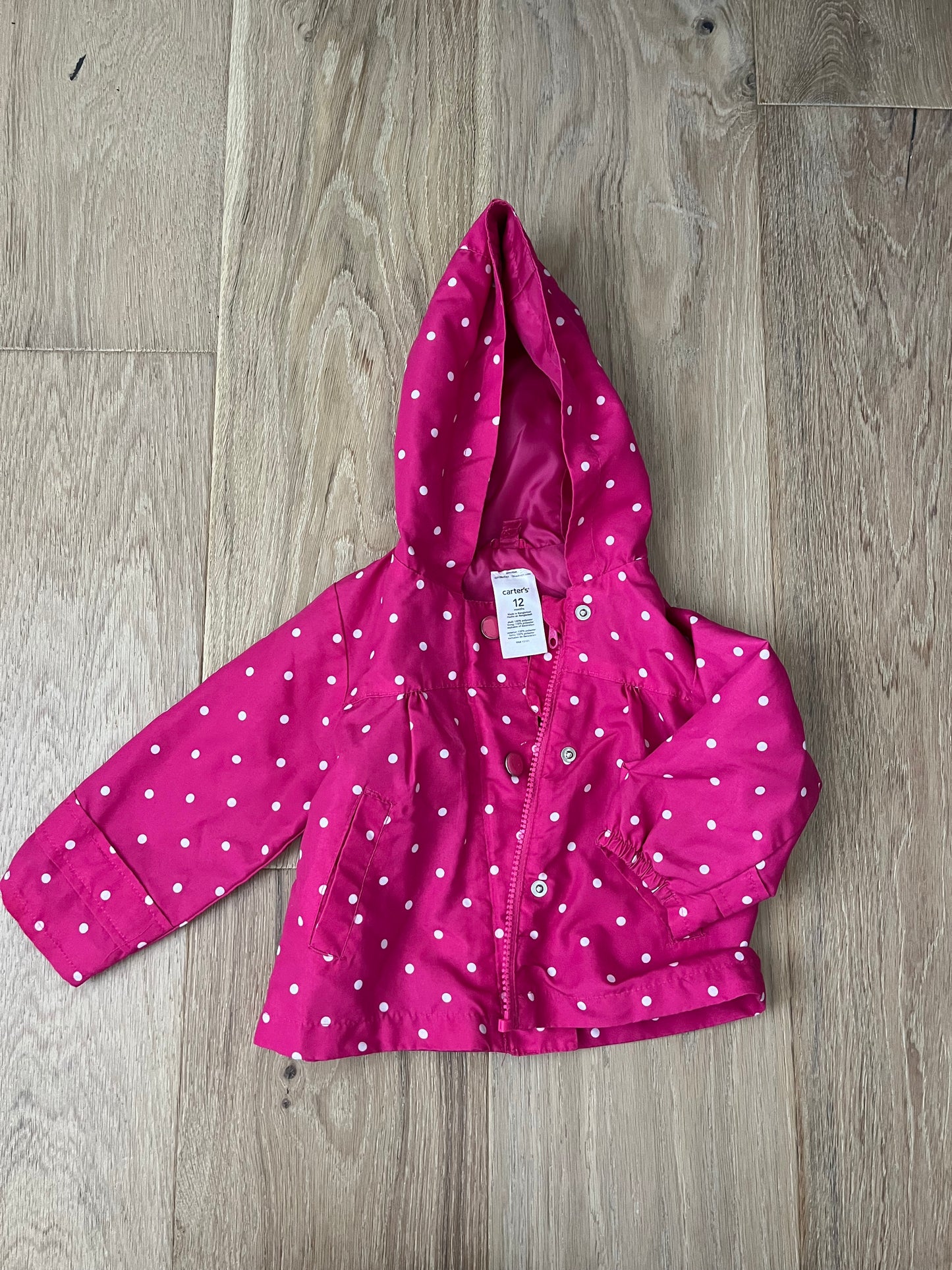 #47 Carter’s girls pink polka dot rain jacket size 12 months