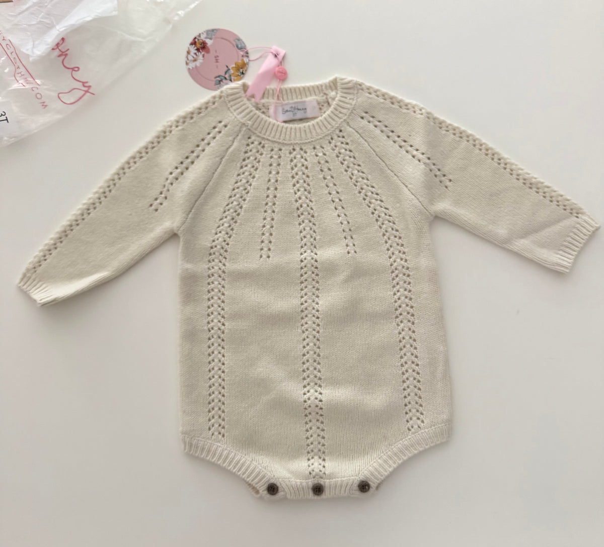 #117, Girls 3T, SweetHoney cream pointelle knit sweater romper, New