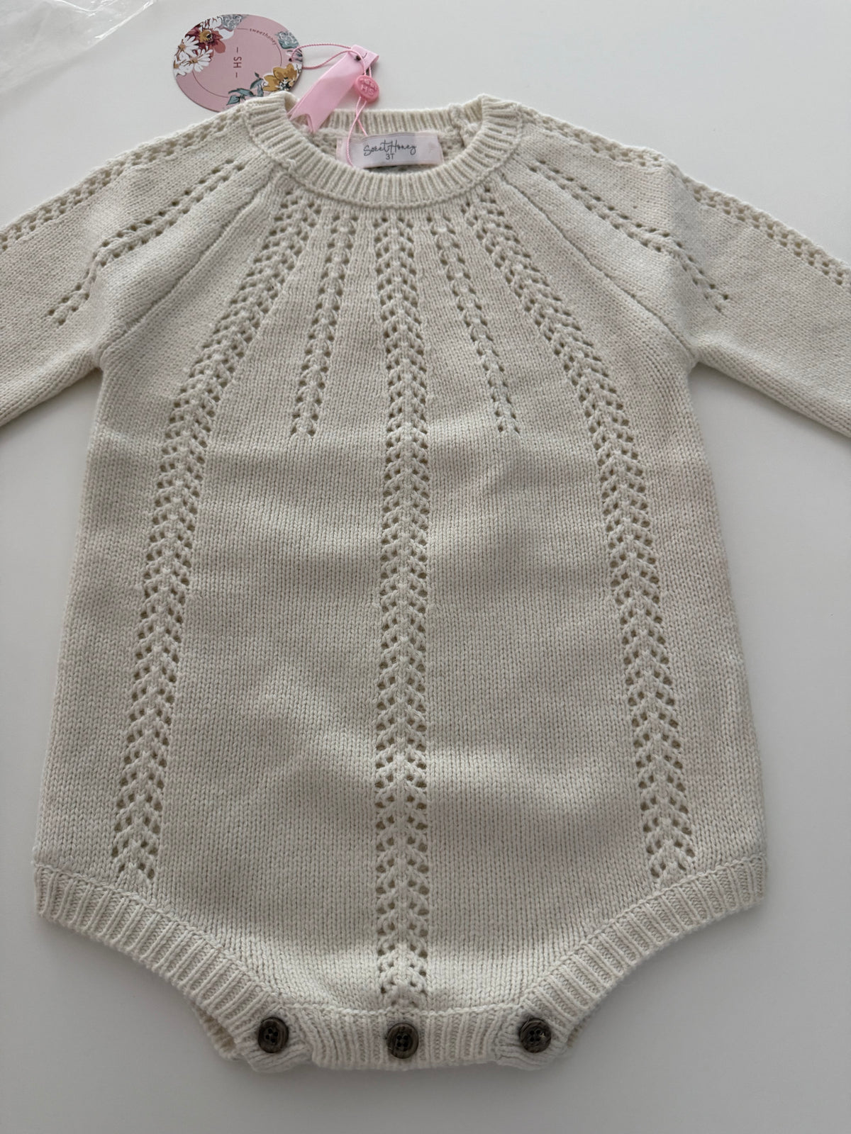 #117, Girls 3T, SweetHoney cream pointelle knit sweater romper, New