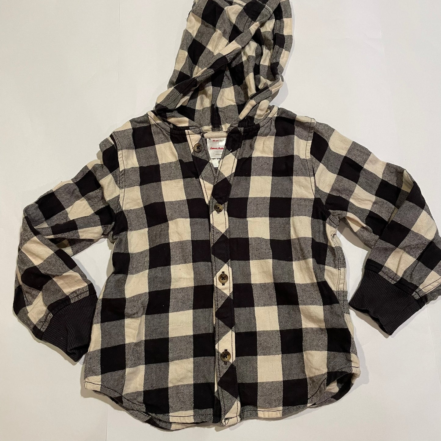 #126 Boys Hanna Andersson 90 (3T) Buffalo Plaid LS Hooded Shirt EUC