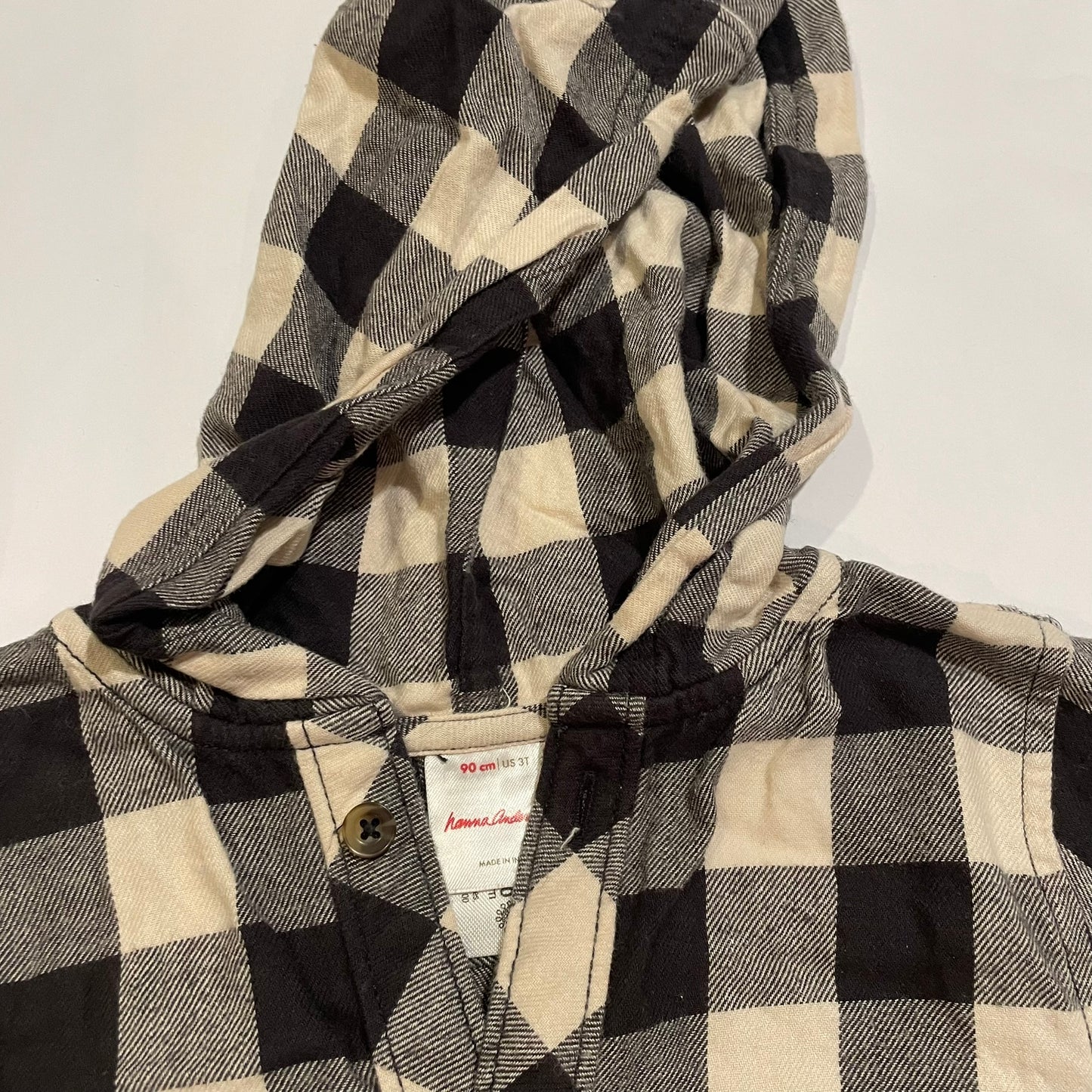 #126 Boys Hanna Andersson 90 (3T) Buffalo Plaid LS Hooded Shirt EUC