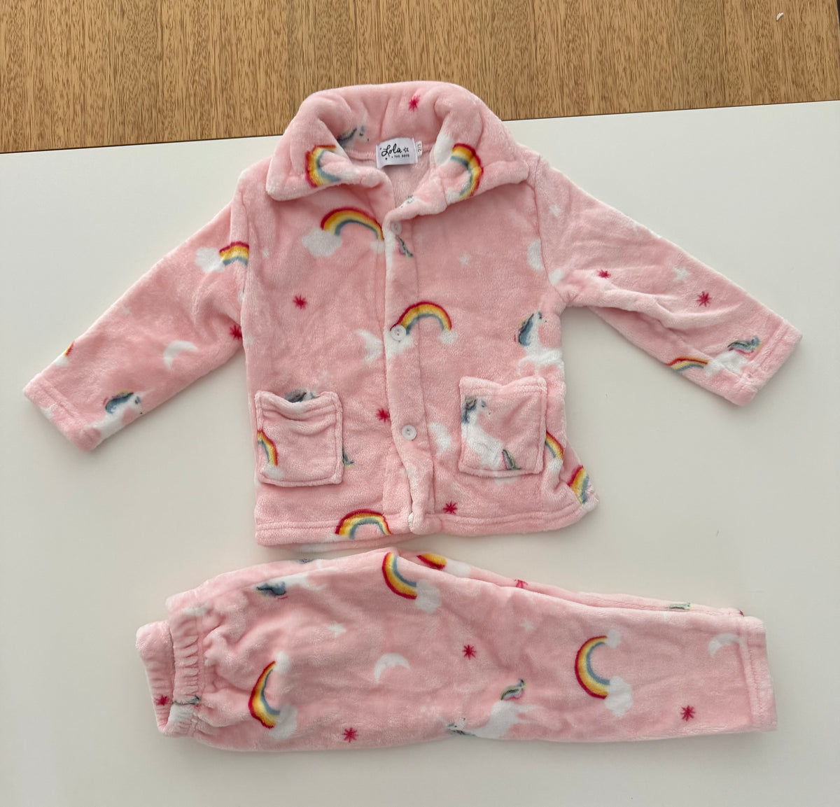 #117, Girls 3T, Lola & The Boys pink fleece rainbow & unicorn print pajamas, EUC