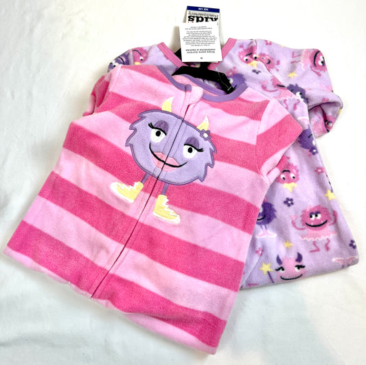 Girls 12M (2) NEW NWT Fleece Footed Jammies PJ's Pajamas Sleeper Pink Purple Monster Stripe