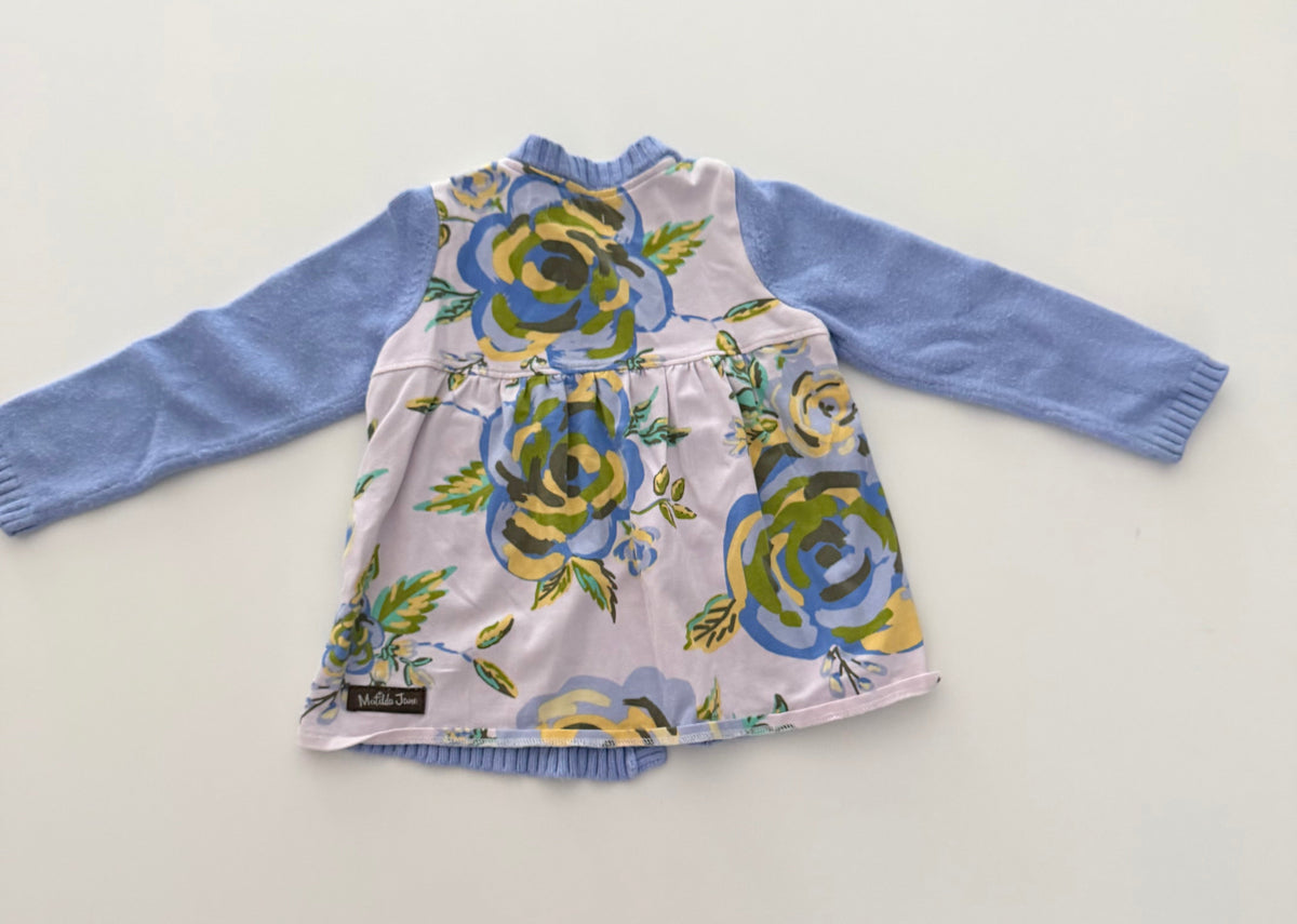 #117, Girls 24M, Matilda Jane blue button down sweater, floral back, GUC