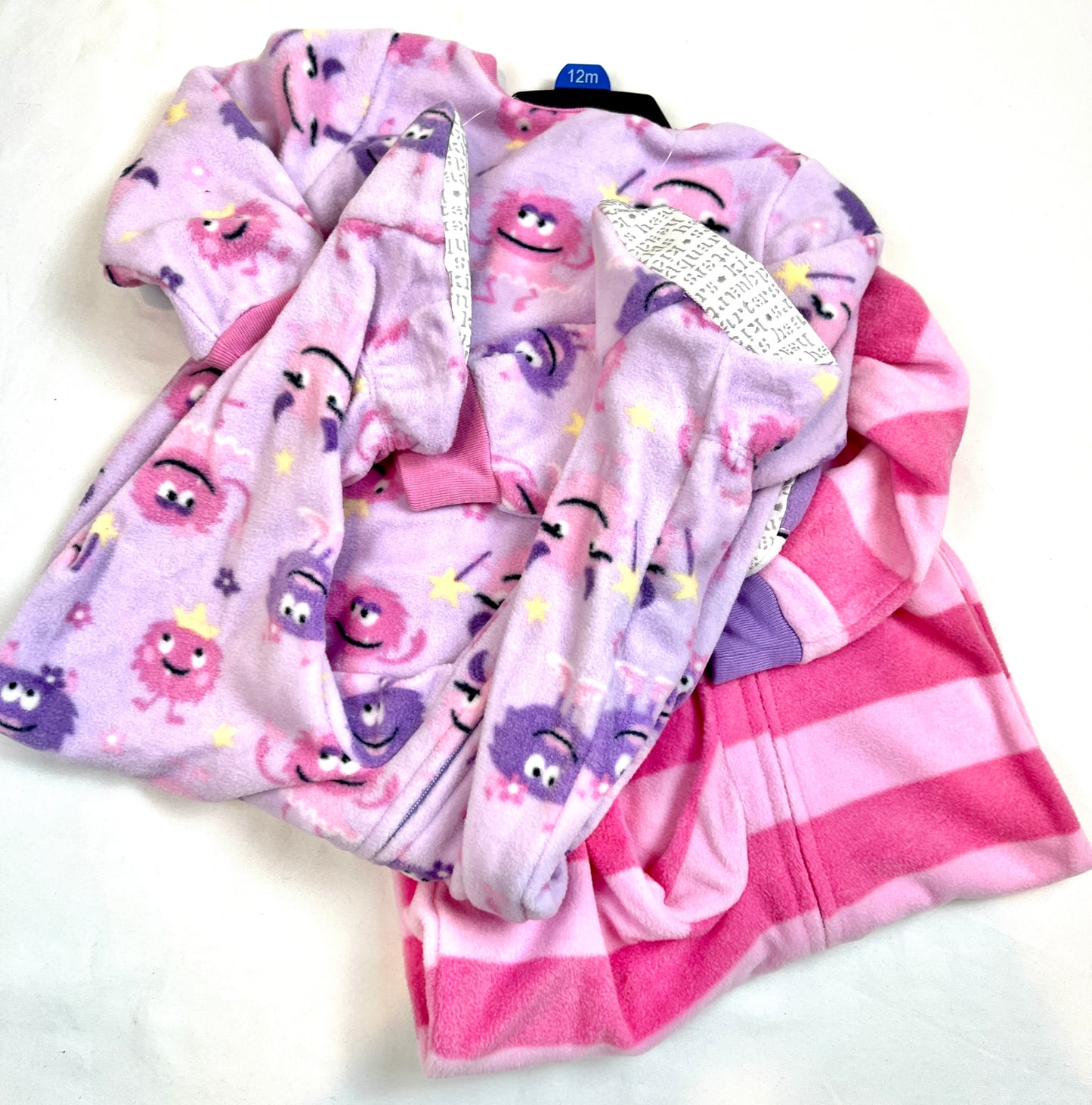 Girls 12M (2) NEW NWT Fleece Footed Jammies PJ's Pajamas Sleeper Pink Purple Monster Stripe