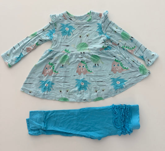 #117, Girls 24M, Birdie Bean blue happy monster print playset, bamboo fabric, VGUC
