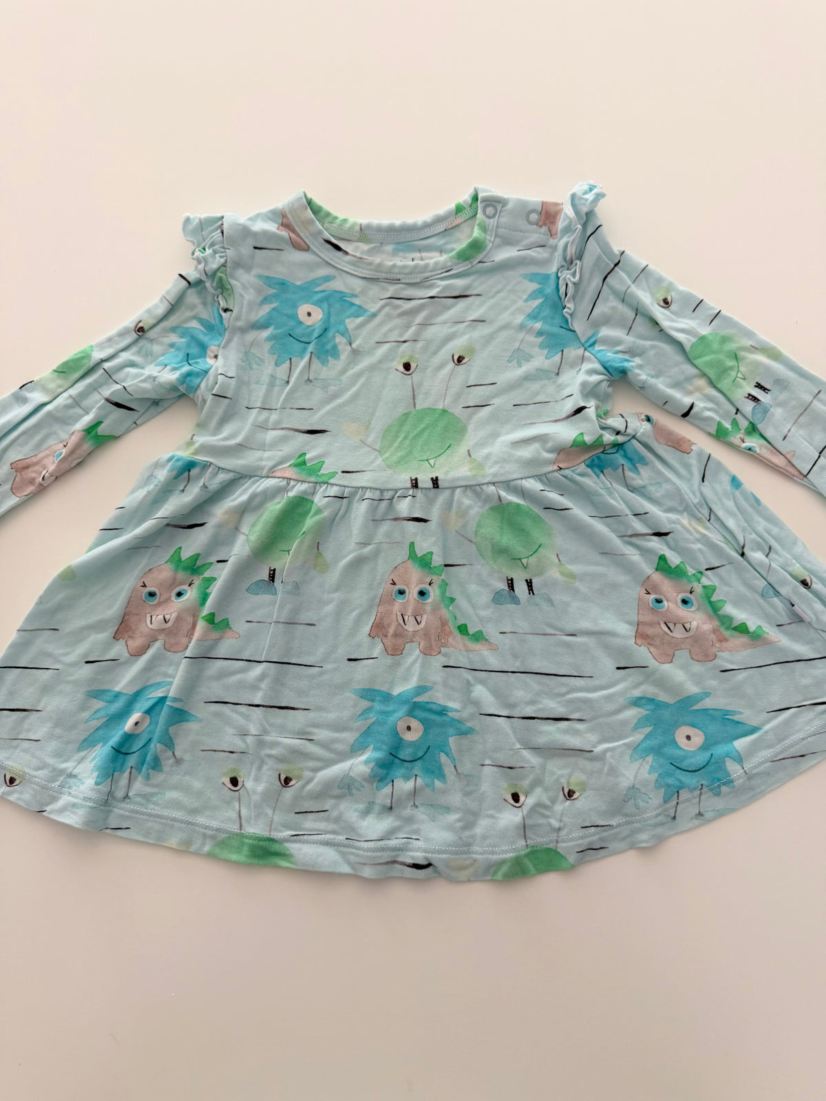 #117, Girls 24M, Birdie Bean blue happy monster print playset, bamboo fabric, VGUC