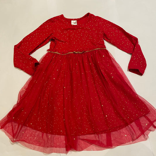#126 Girls Hanna Andersson 120 (6-7) Red holiday Dress with gold dots and tulle Twirl Dress EUC