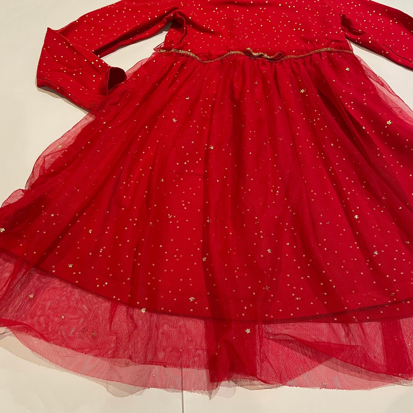 #126 Girls Hanna Andersson 120 (6-7) Red holiday Dress with gold dots and tulle Twirl Dress EUC