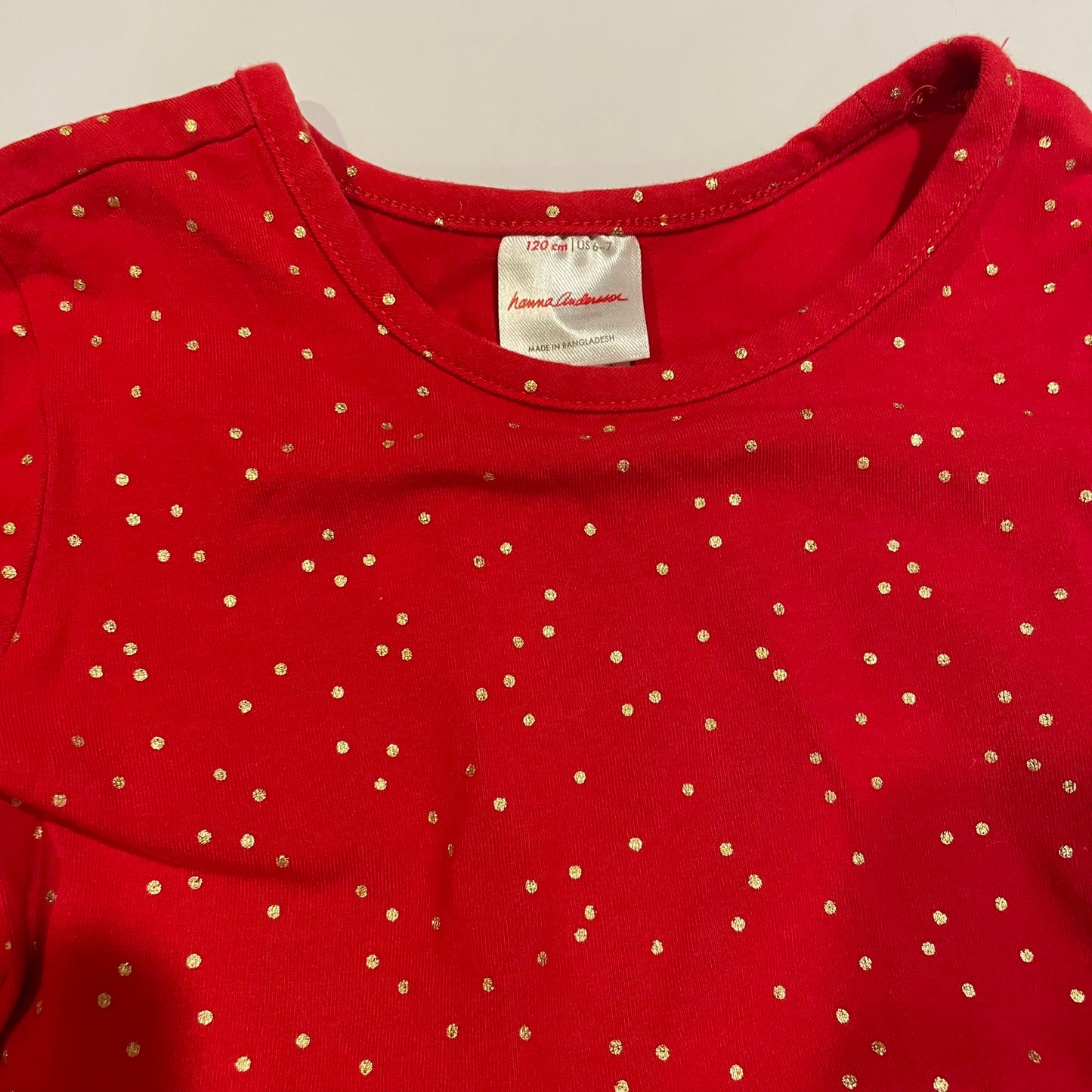 #126 Girls Hanna Andersson 120 (6-7) Red holiday Dress with gold dots and tulle Twirl Dress EUC