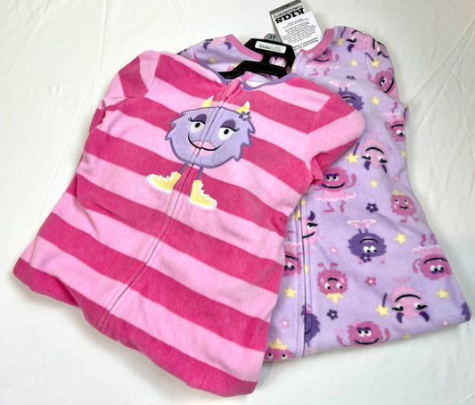 Girls 3T (2) NEW NWT Fleece Footed Jammies PJ's Pajamas Sleeper Pink Purple Monster Stripe