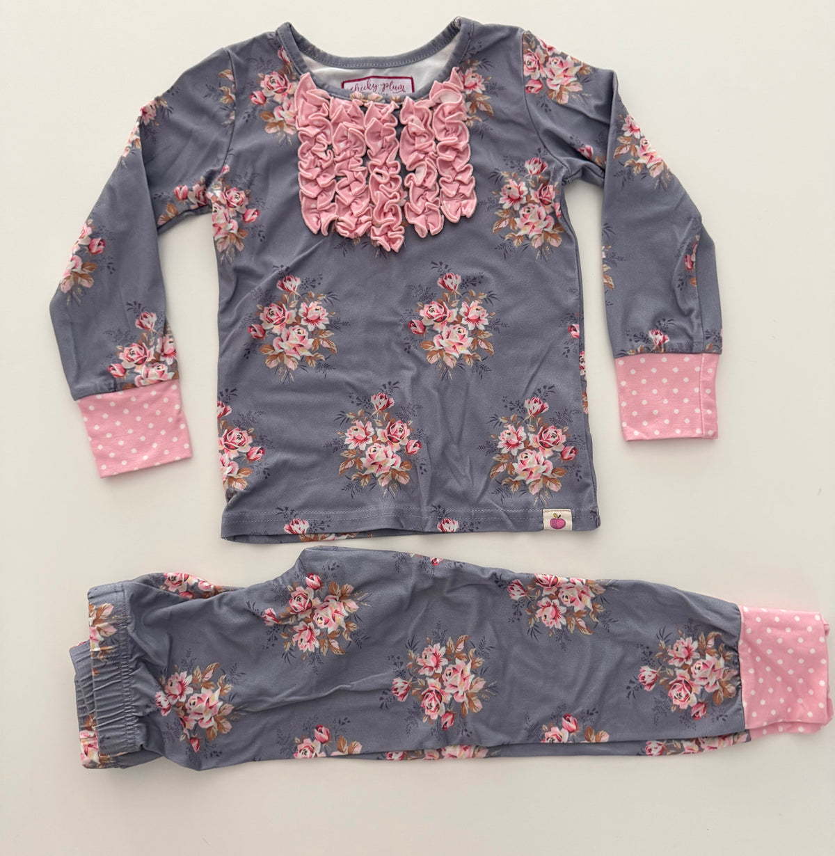 #117, Girls 3T, Cheeky Plum grey & pink flower pajamas, VGUC