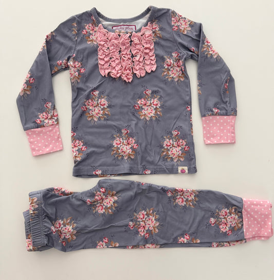 #117, Girls 3T, Cheeky Plum grey & pink flower pajamas, VGUC
