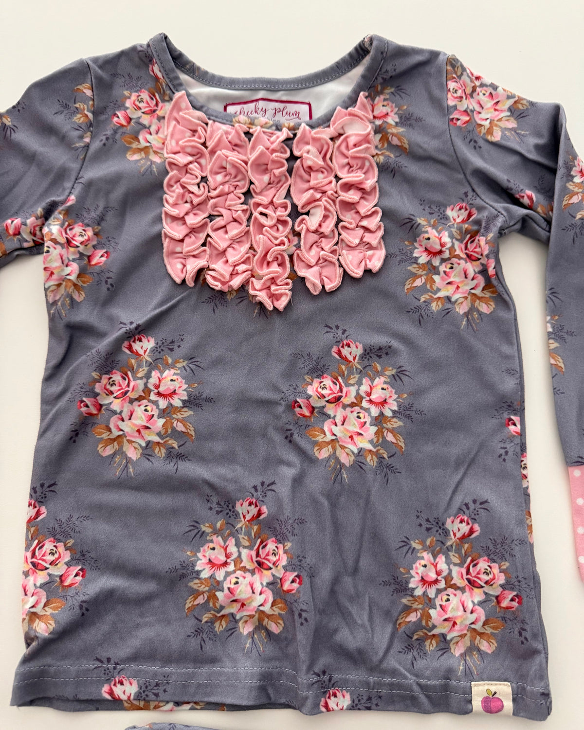 #117, Girls 3T, Cheeky Plum grey & pink flower pajamas, VGUC