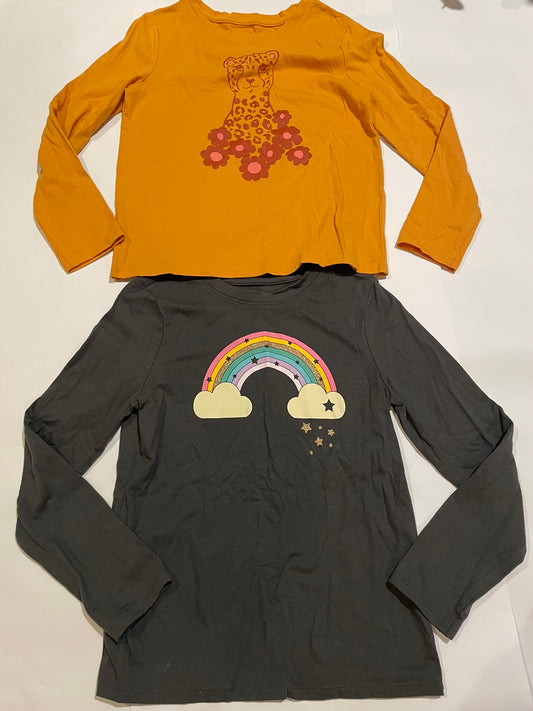 #126 Girls Cat & Jack S (6-7) LS Shirts Set 2 (Yellow Cheetah & Gray Rainbow) GUC