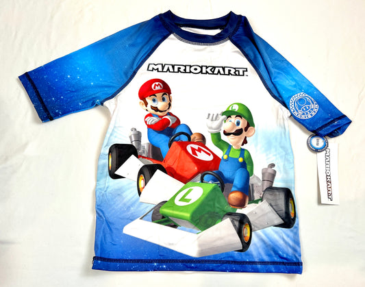 Boys Size 8 NEW NWT Swim Rash Guard Shirt MarioKart Mario Kart Blue White